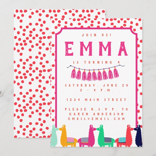Invitation de fête d'anniversaire de lama (Devant / Derrière)