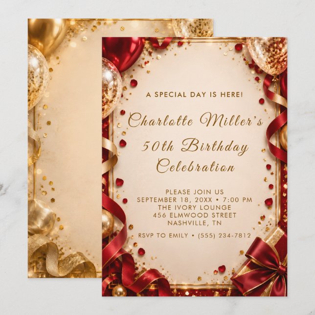 Invitation de fête d'anniversaire de luxe Ruby Cha (Devant / Derrière)