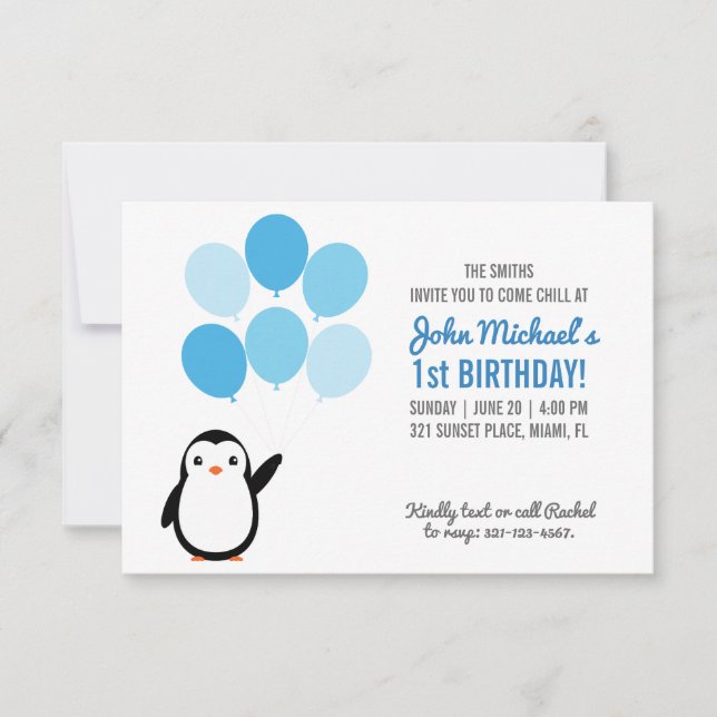 Invitation de fête d'anniversaire de manchot à bal (Devant)