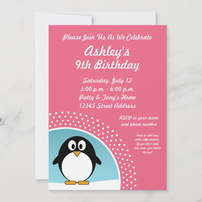 Invitation de fête d'anniversaire de pingouin (Devant)