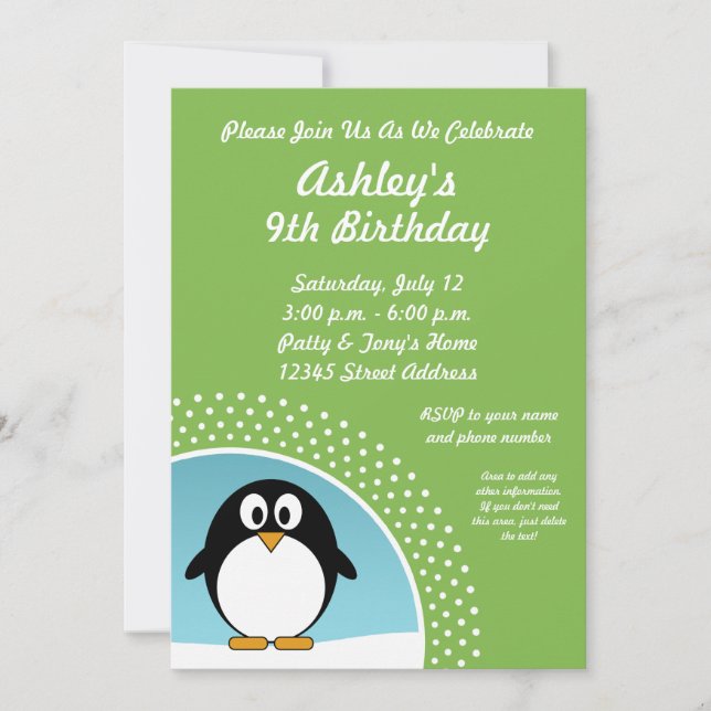 Invitation de fête d'anniversaire de pingouin (Devant)
