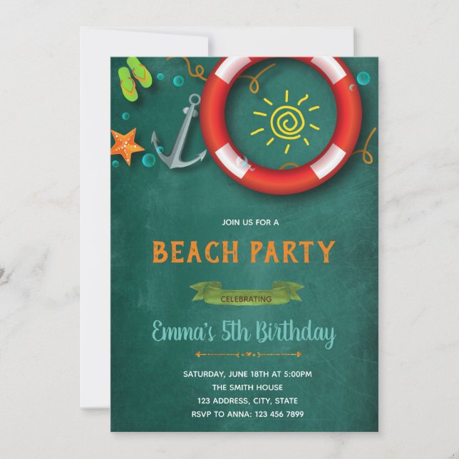 Invitation de fête d'anniversaire de plage (Devant)