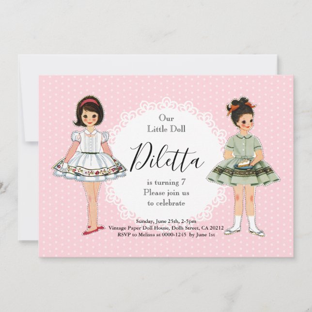 Invitation de fête d'anniversaire de poupée papier (Devant)