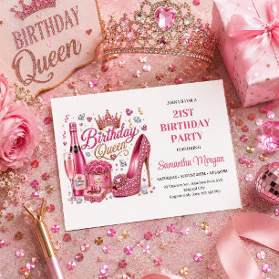 Invitation de fête d'anniversaire de reine rose or