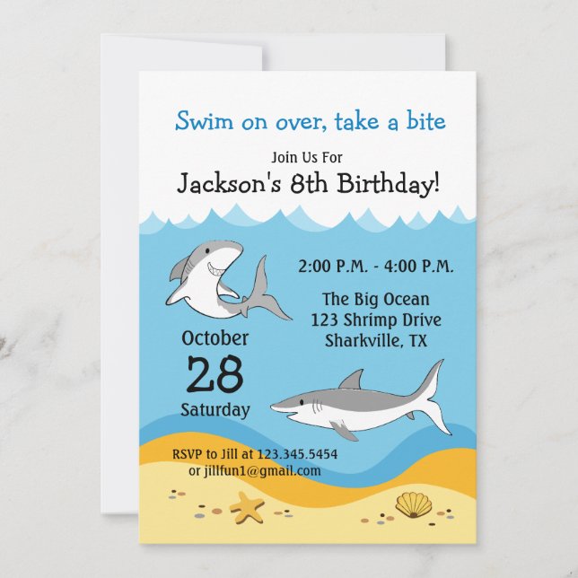 Invitation de fête d'anniversaire de requin (Devant)