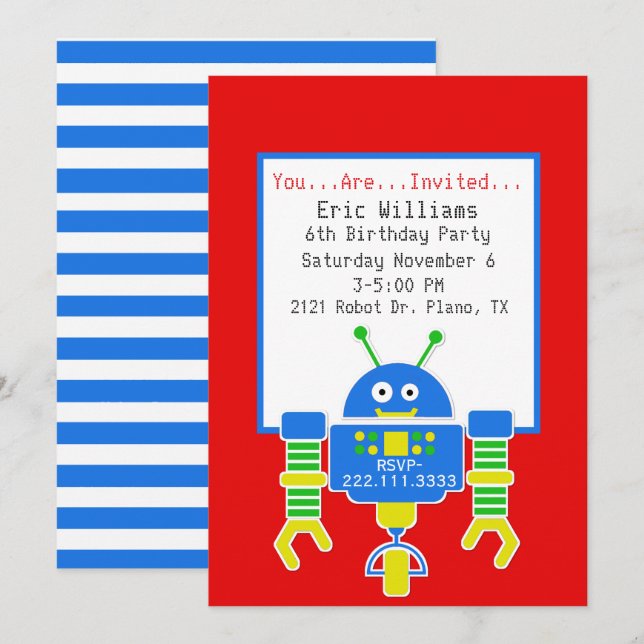 Invitation de fête d'anniversaire de robot de (Devant / Derrière)