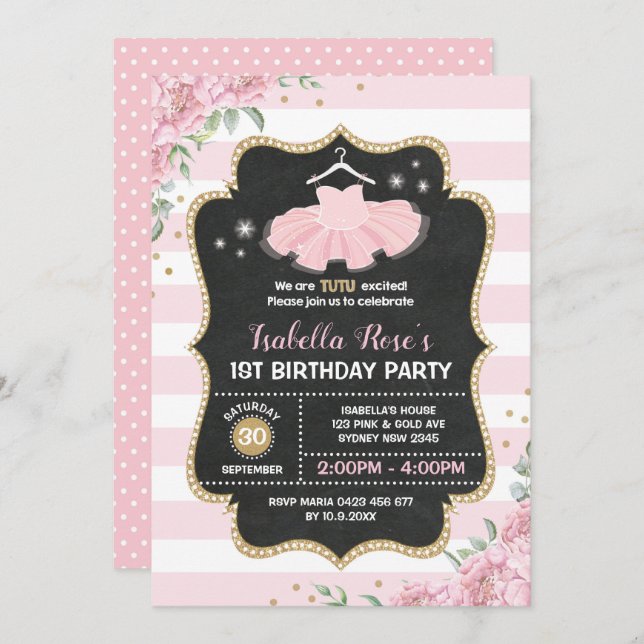 Invitation de fête d'anniversaire de rose et de (Devant / Derrière)