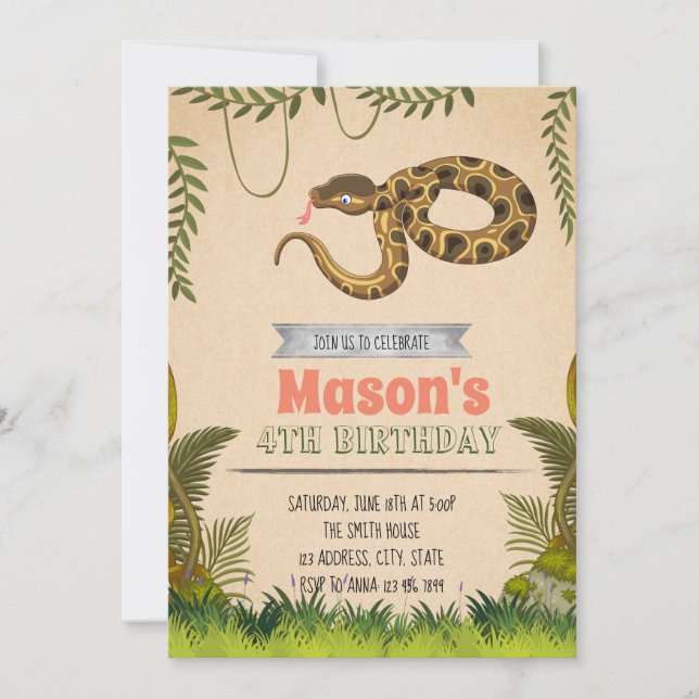 Invitation de fête d'anniversaire de serpent (Devant)