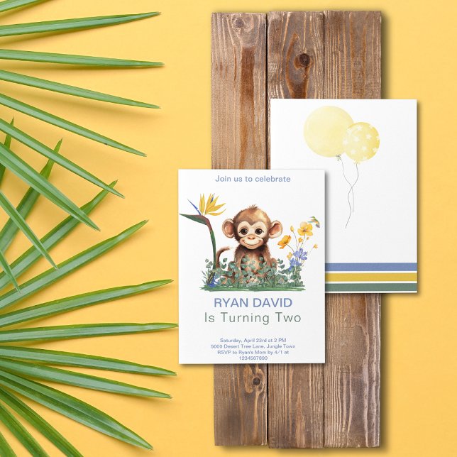 Invitation de fête d'anniversaire de singe (Safari Jungle Monkey Tropical Flowers Watercolor Balloons Green Yellow Blue Birthday Invitation)