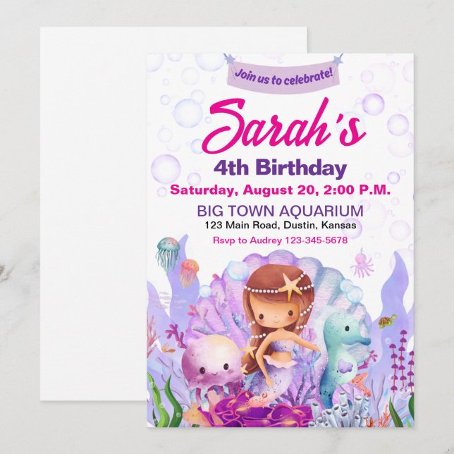 Invitation de fête d'anniversaire de sirène mignon (Devant / Derrière)