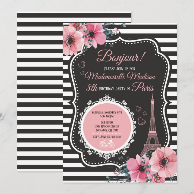Invitation de fête d'anniversaire de Tour Eiffel (Devant / Derrière)