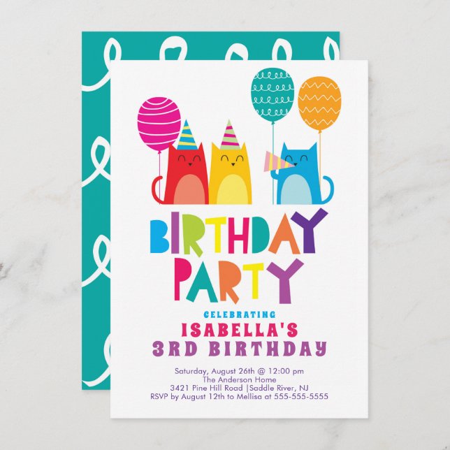 Invitation de fête d'anniversaire des chats cool (Devant / Derrière)