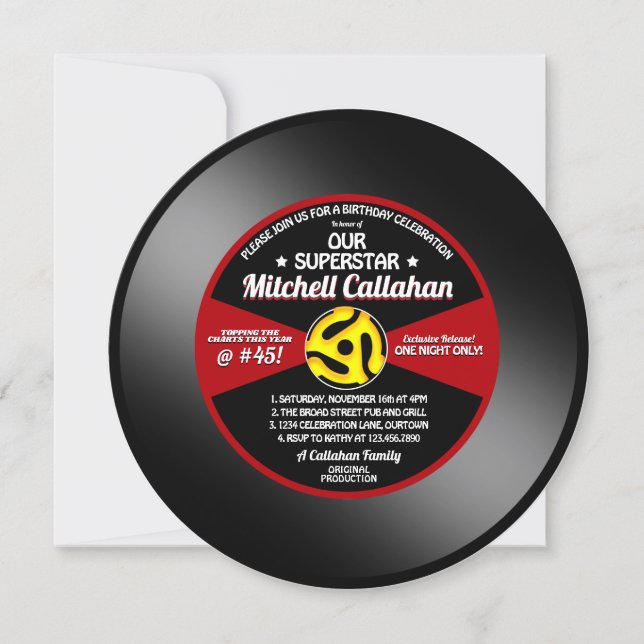 Invitation de fête d'anniversaire disque vinyle 45 (Devant)