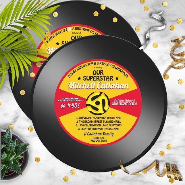 Invitation de fête d'anniversaire disque vinyle 45 (Créateur téléchargé)