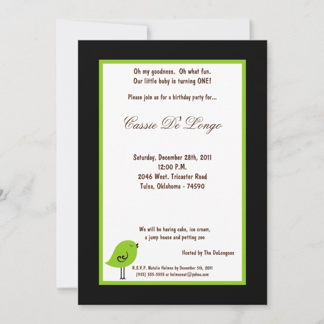 invitation de fête d'anniversaire d'oiseaux noirs  (Devant)