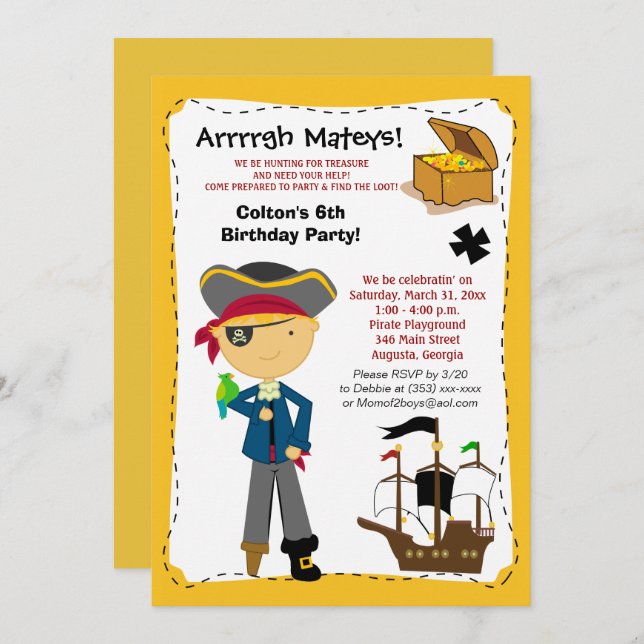 Invitation de fête d'anniversaire du Pirate (Devant / Derrière)