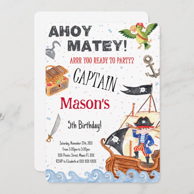 Invitation de fête d'anniversaire du Pirate (Devant / Derrière)