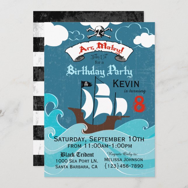 Invitation de fête d'anniversaire du Pirate (Devant / Derrière)