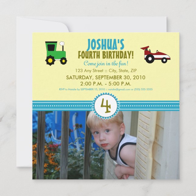 Invitation de fête d'anniversaire du Tracteur de r (Devant)