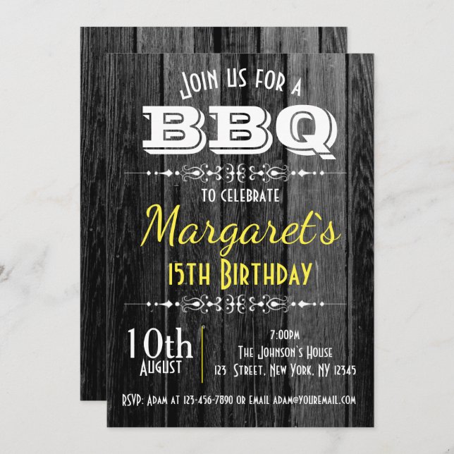 Invitation de fête d'anniversaire en bois noir et  (Devant / Derrière)