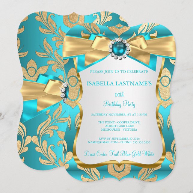 Invitation de fête d'anniversaire en damas or bleu (Devant / Derrière)