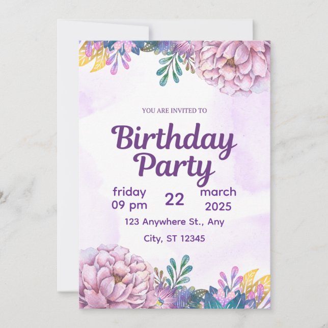 Invitation de fête d'anniversaire florale aquarell (Devant)