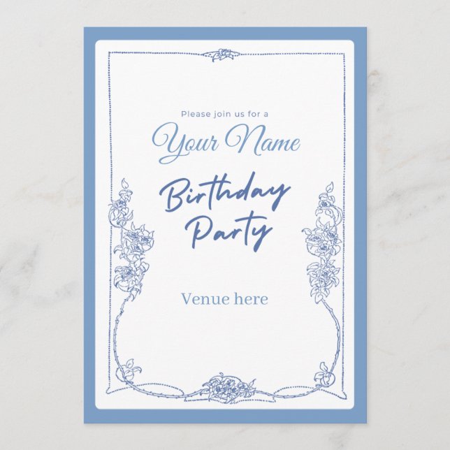 Invitation de fête d'anniversaire florale bleue vi (Devant)