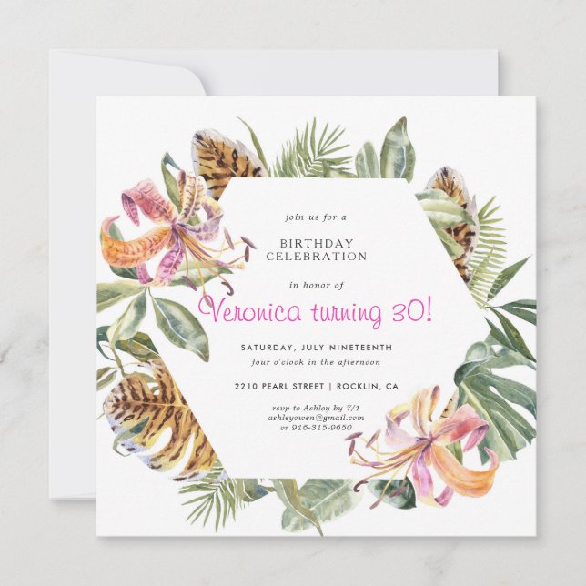 Invitation de fête d'anniversaire florale de Tigre (Devant)