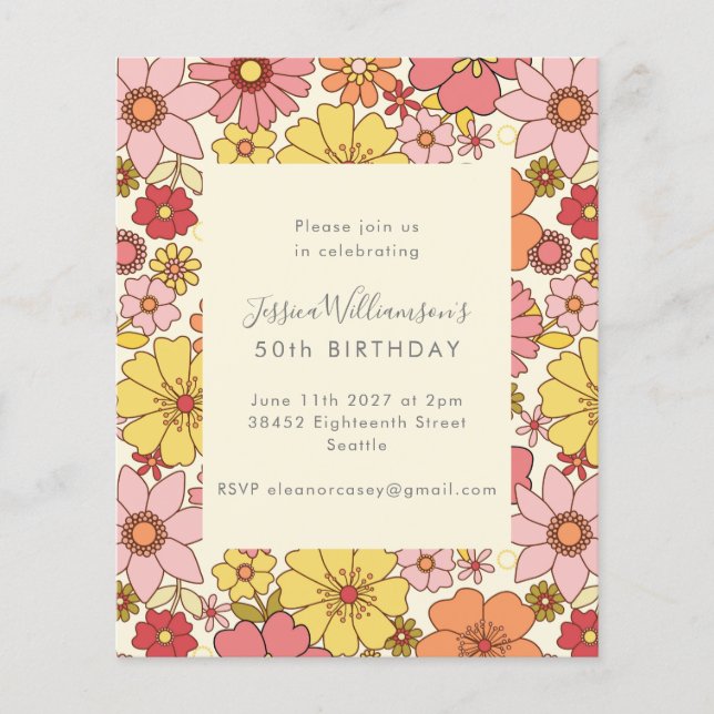 Invitation de fête d'anniversaire florale rose rét (Devant)