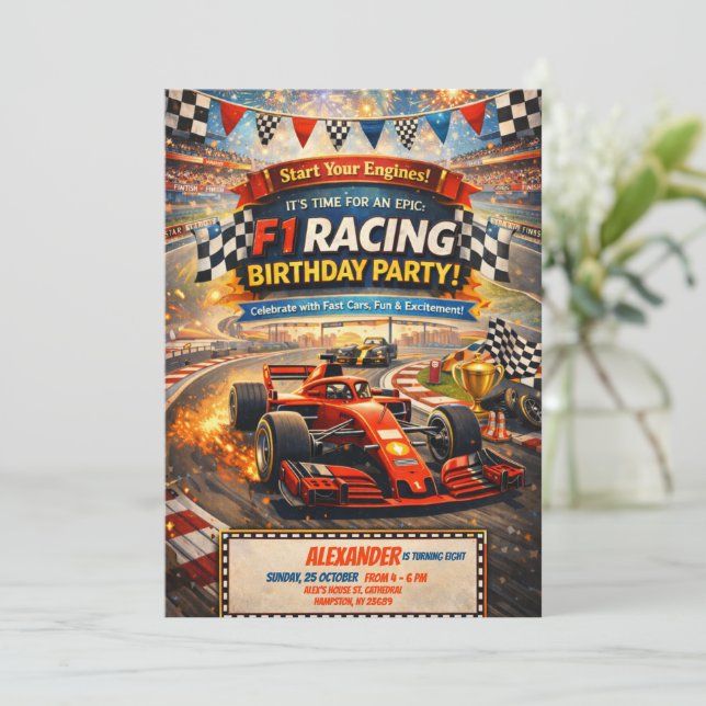 Invitation de fête d'anniversaire garçon voiture r (Debout devant)