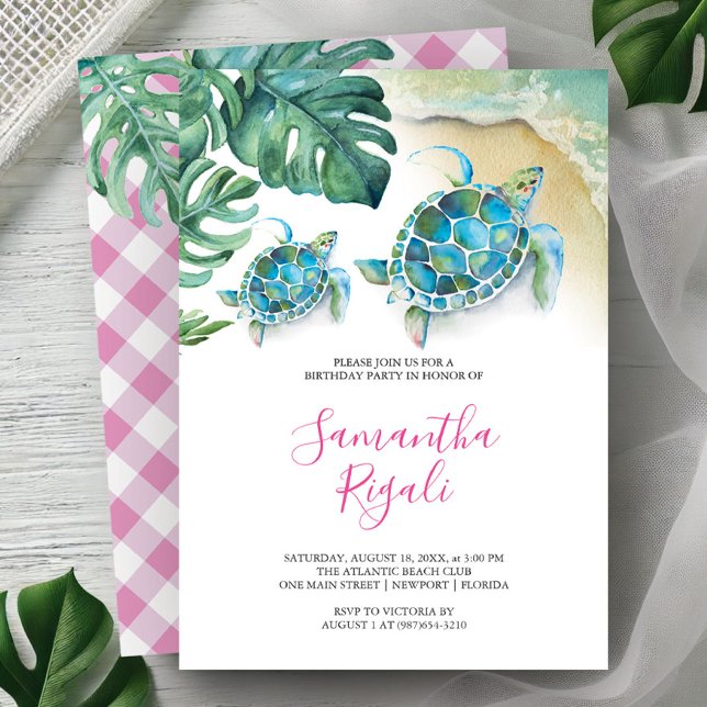Invitation de fête d'anniversaire Girl Sea Turtle (Birthday party invitations tropical watercolor sea turtle monstera palm leaves Victoria Grigaliunas)