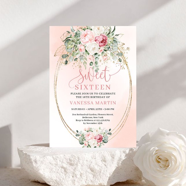 Invitation de fête d'anniversaire Glam Blush Roses (Glam Blush Roses Sweet 16 Birthday Party Invitation)