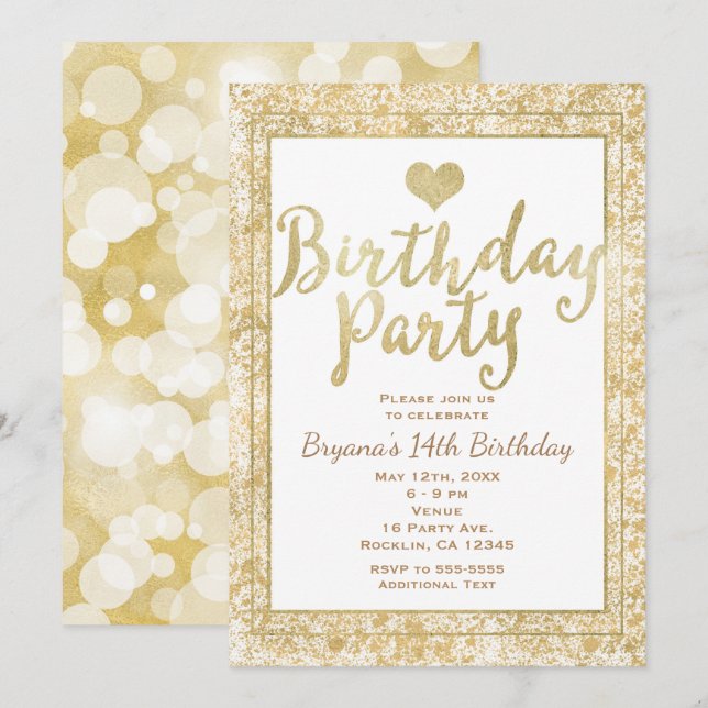 Invitation de fête d'anniversaire glamour cœur bla (Devant / Derrière)