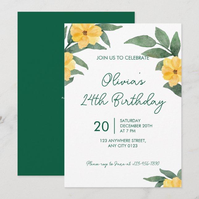 Invitation de fête d'anniversaire jaune floral Gar (Devant / Derrière)