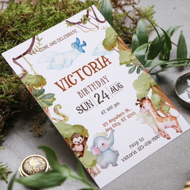 Invitation de fête d'anniversaire Jungle Aquarelle (Green Brown Watercolor Jungle Birthday Invitation)