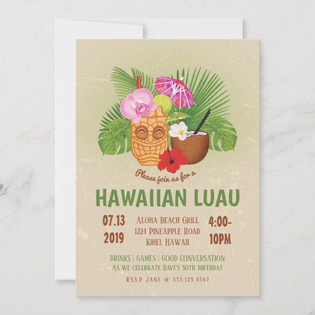 Invitation de fête d'anniversaire Luau Hawaïen Tik (Devant)