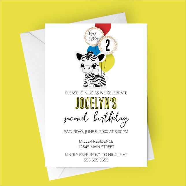 Invitation de fête d'anniversaire minimaliste Zebr (Minimalist Zebra Birthday Party Invitation with Multicolored Balloons)