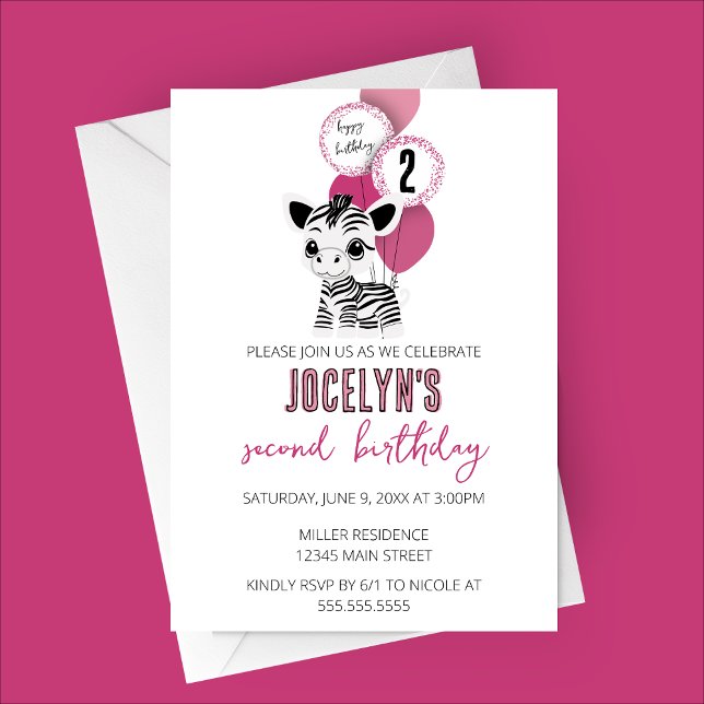 Invitation de fête d'anniversaire minimaliste Zebr (Minimalist Zebra Birthday Party Invitation with Pink Balloons)