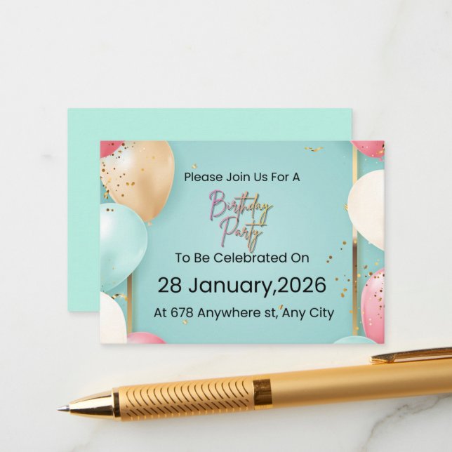 Invitation de fête d'anniversaire moderne || Perso (Devant/Arrière en situation)