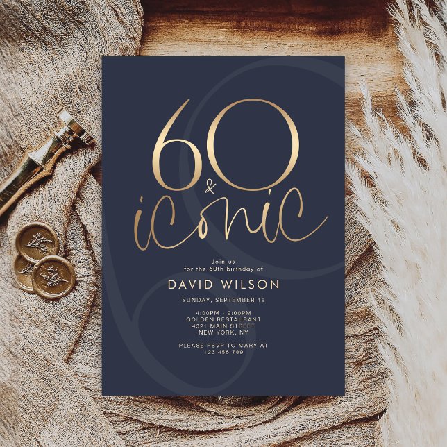 Invitation de fête d'anniversaire Navy Gold 60 et  (Navy Gold 60 and Iconic Birthday Party Invitation Card)