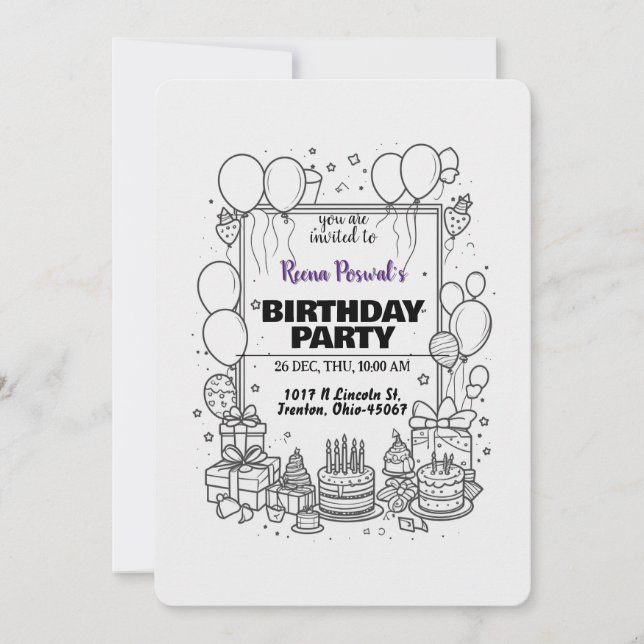 Invitation de fête d'anniversaire noir et blanc (Devant)