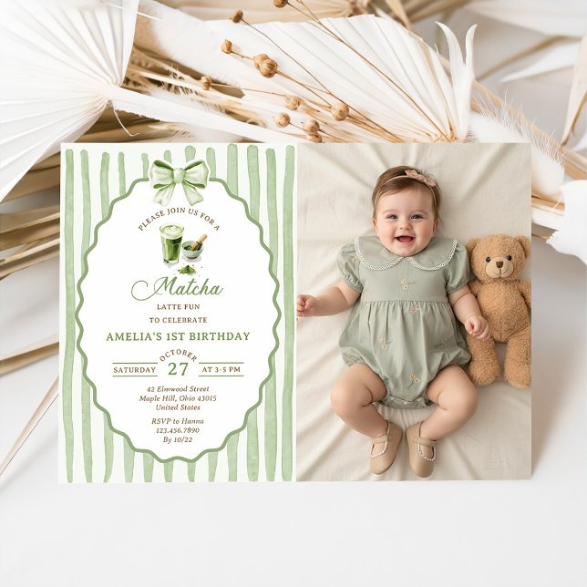 Invitation de fête d'anniversaire photo Matcha ave (Créateur téléchargé)