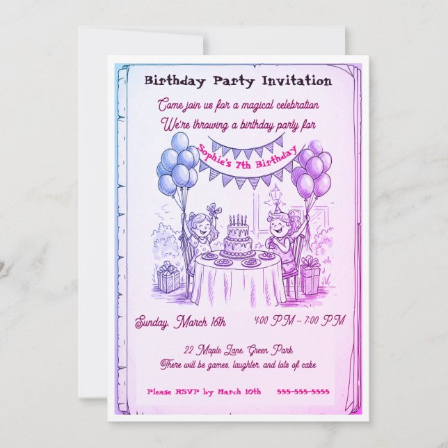 Invitation de fête d'anniversaire pour filles capr (Devant)