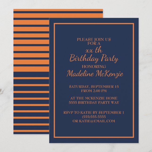 Invitation de fête d'anniversaire rayée bleu marin (Devant / Derrière)