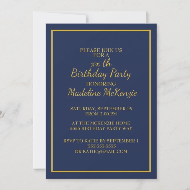 Invitation de fête d'anniversaire rayée bleu marin (Devant)