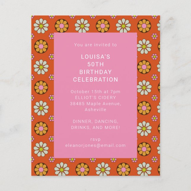 Invitation de fête d'anniversaire rétro fleur oran (Devant)