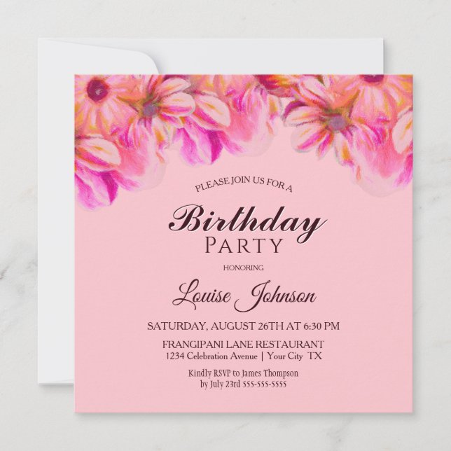Invitation de fête d'anniversaire rose floral (Devant)