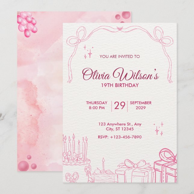 Invitation de fête d'anniversaire rose mignonne de (Devant / Derrière)