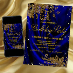Invitation de fête d'anniversaire royale bleue et 