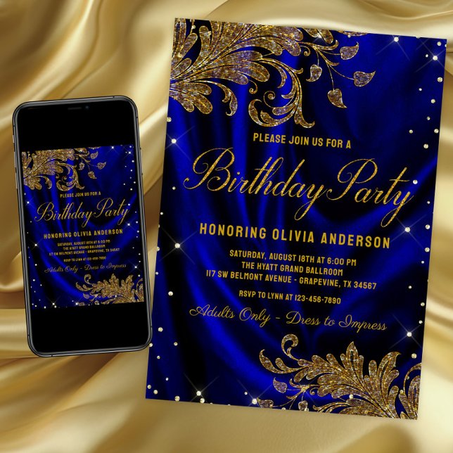 Invitation de fête d'anniversaire royale bleue et  (Womans royal blue & gold any number birthday invitation. For instant download & printed invitations.)
